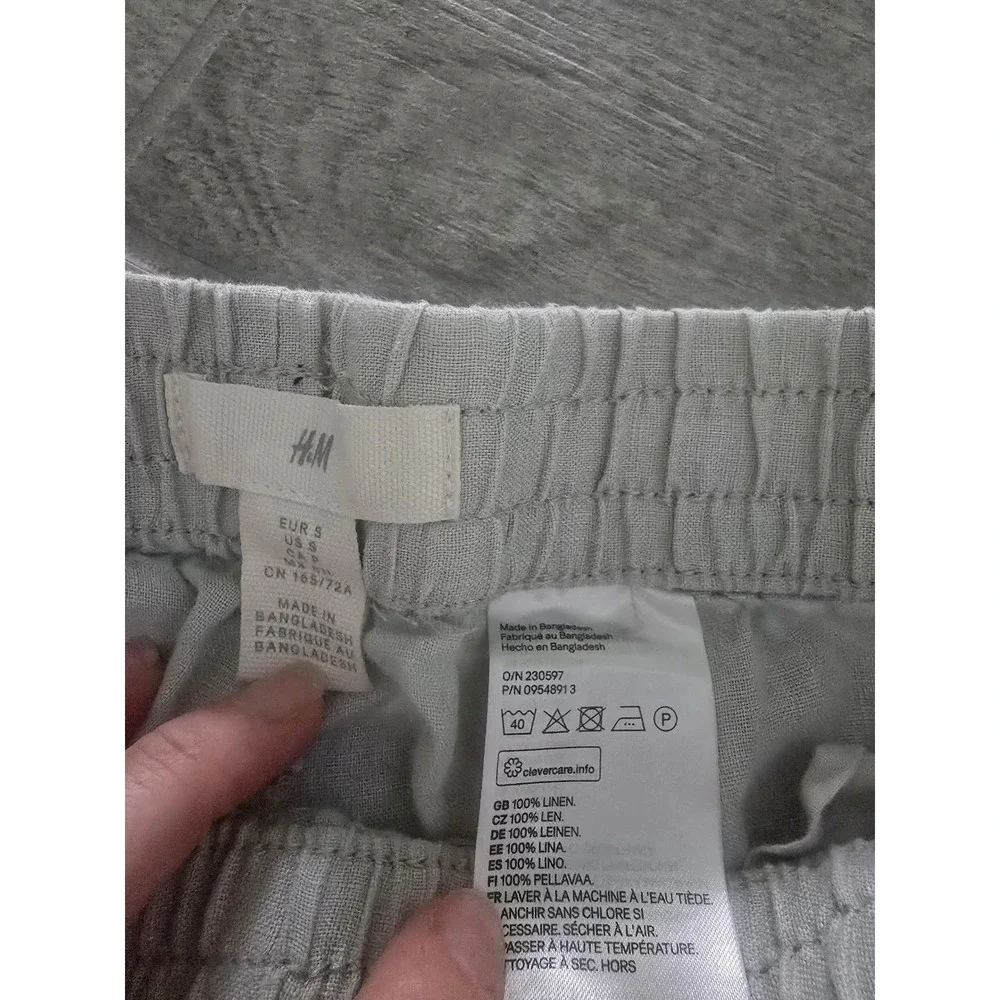 H&M Women 100% Linen Drawstring Relaxed Straight Pants Light Gray Small